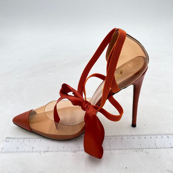 FSJ Shoes - FSJ Red Pointed Toe PVC Ankle Tie Stiletto Heels
